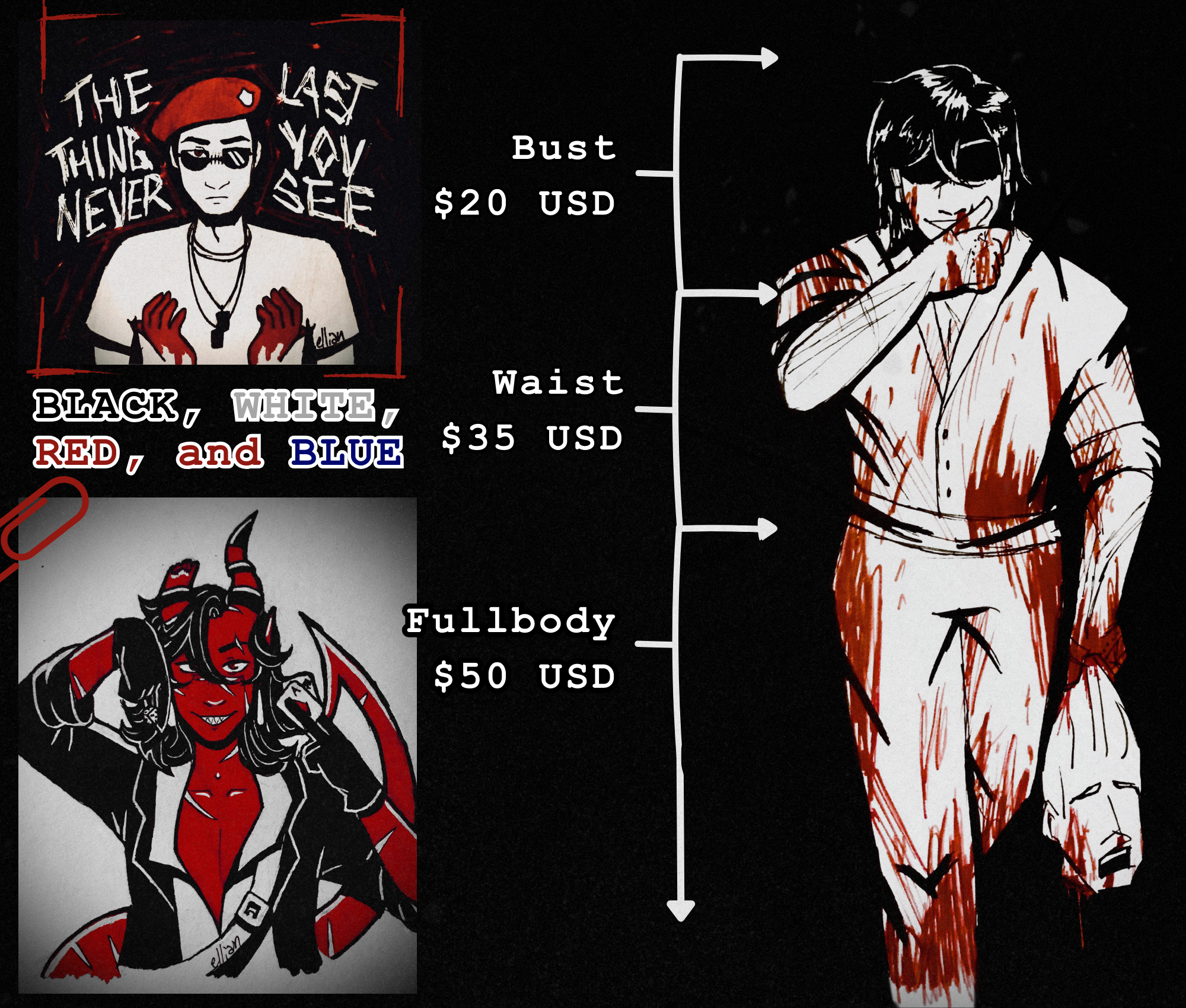 This next style is titled 'Black, White, Red, and Blue' and features a more graphic art style with harder lines and sharper contrast between colours. There is another picture of a man, with another scale detailing costs. For the shoulders and up, it is fifteen dollars USD. For the belt and above, it's thirty dollars USD. For a fullbody in this style, it's fifty dollars USD.